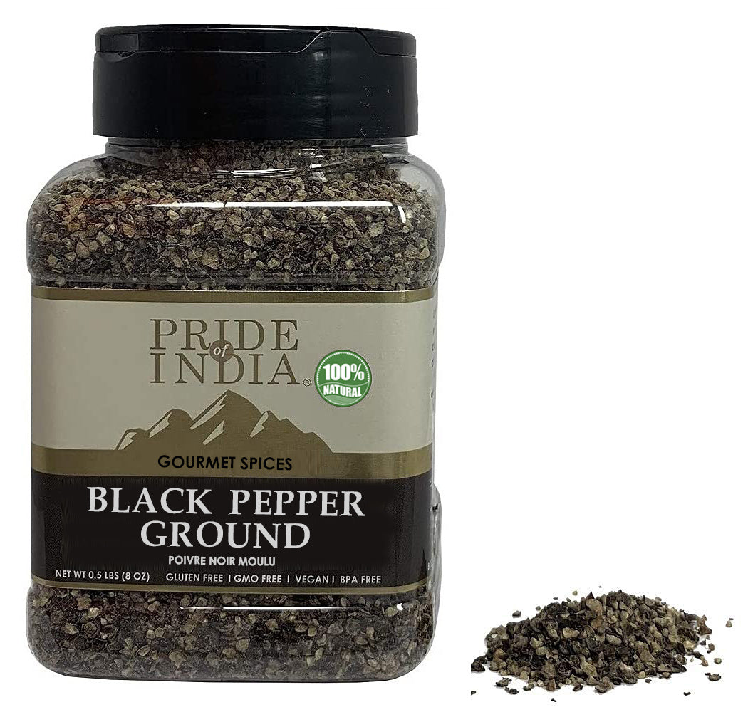 Pride of India – Black Pepper Ground – Ideal for Gourmet Dishes/ Soups/ Stews/ Rubs – Fresh & Preservatives Free – Warming Spice – Easy to Store – 8oz. Medium Dual Sifter Jar