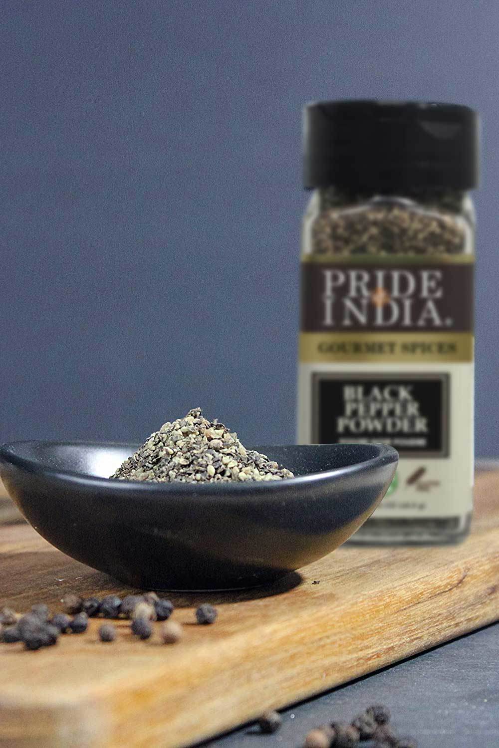 Pride of India – Black Pepper Ground – Ideal for Gourmet Dishes/ Soups/ Stews/ Rubs – Fresh & Preservatives Free – Warming Spice – Easy to Use – 1.65 oz. Small Dual Sifter Jar