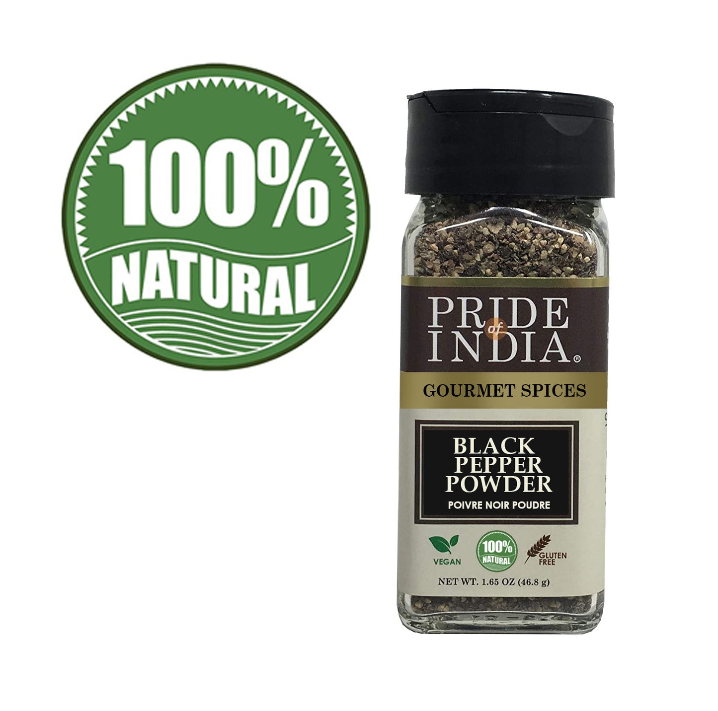 Pride of India – Black Pepper Ground – Ideal for Gourmet Dishes/ Soups/ Stews/ Rubs – Fresh & Preservatives Free – Warming Spice – Easy to Use – 1.65 oz. Small Dual Sifter Jar