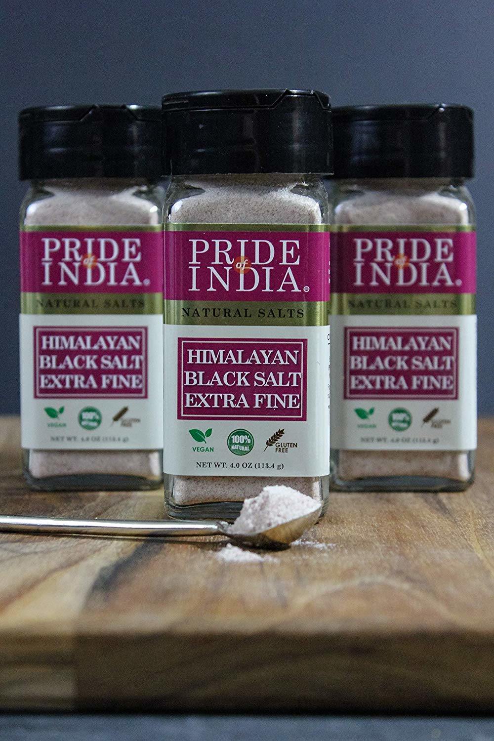 Pride Of India - Himalayan Black Rock Salt - Extra-Fine Grind, 4.0 oz (113.4gm) Dual Sifter Jar - Kala Namak - Contains 84+ Minerals - Perfect for Cooking, Vegan Tofu, Vegan Omlettes