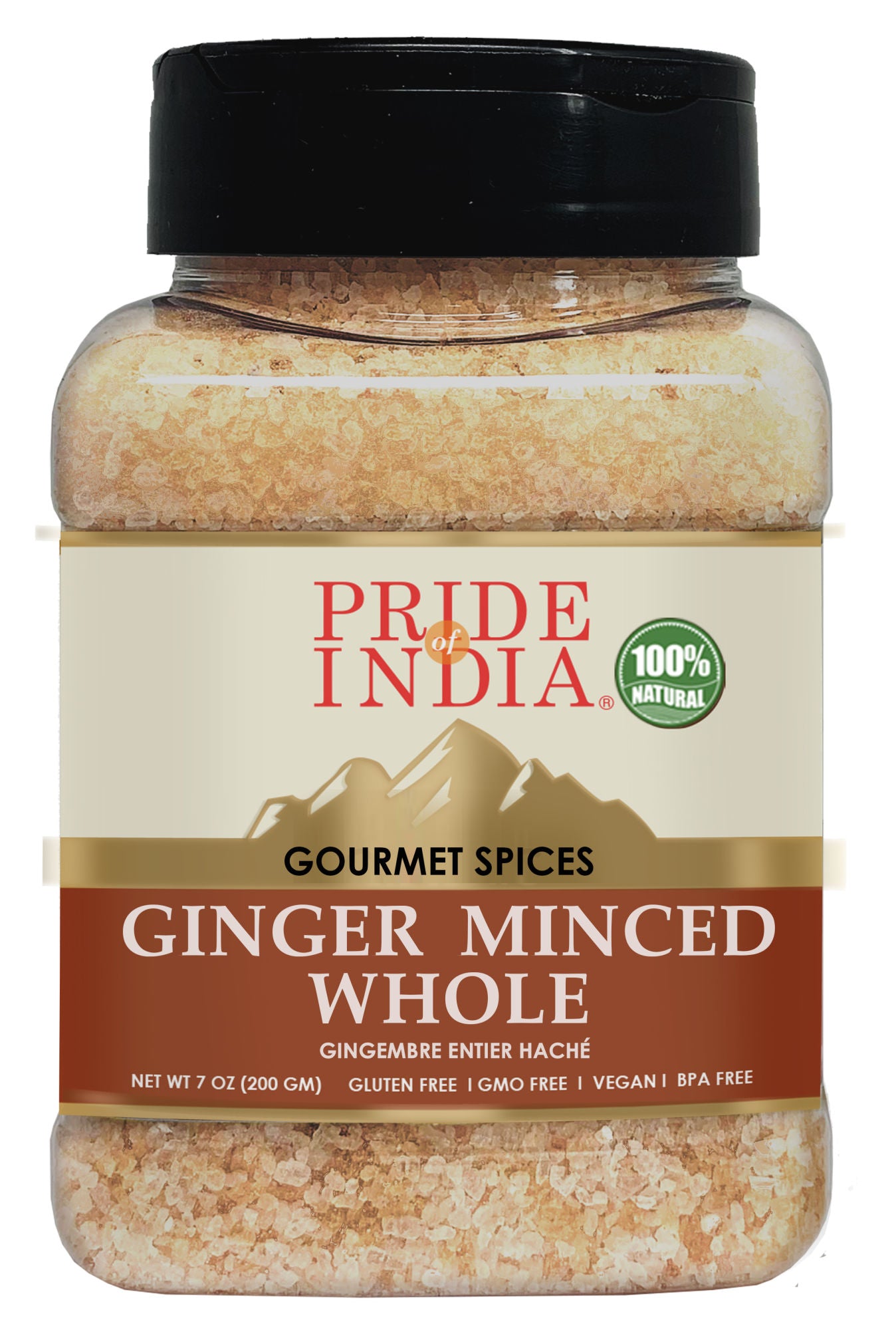 Pride of India – Ginger Minced Whole – Gourmet Spice – Rich in Antioxidant – Potent Flavor - Great for Adding Flavor to Stir Fries & Sauces – Easy to Use – 1.9 oz. Small Dual Sifter Bottle