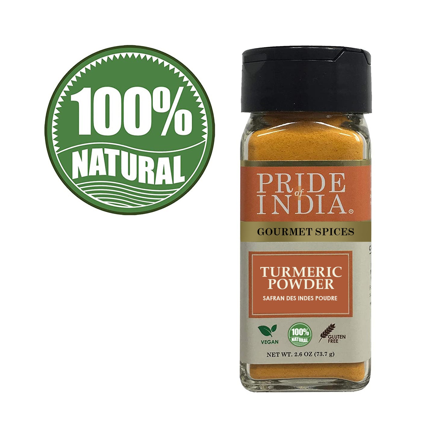 Pride of India – Natural Turmeric Ground – Traditional Indian Spice – Pantry Essential – Curcumin Rich and Gourmet – Ideal for Curries/Lentil/Meat/Pilaf – Easy to Use – 2.6 oz. Small Dual Sifter Jar