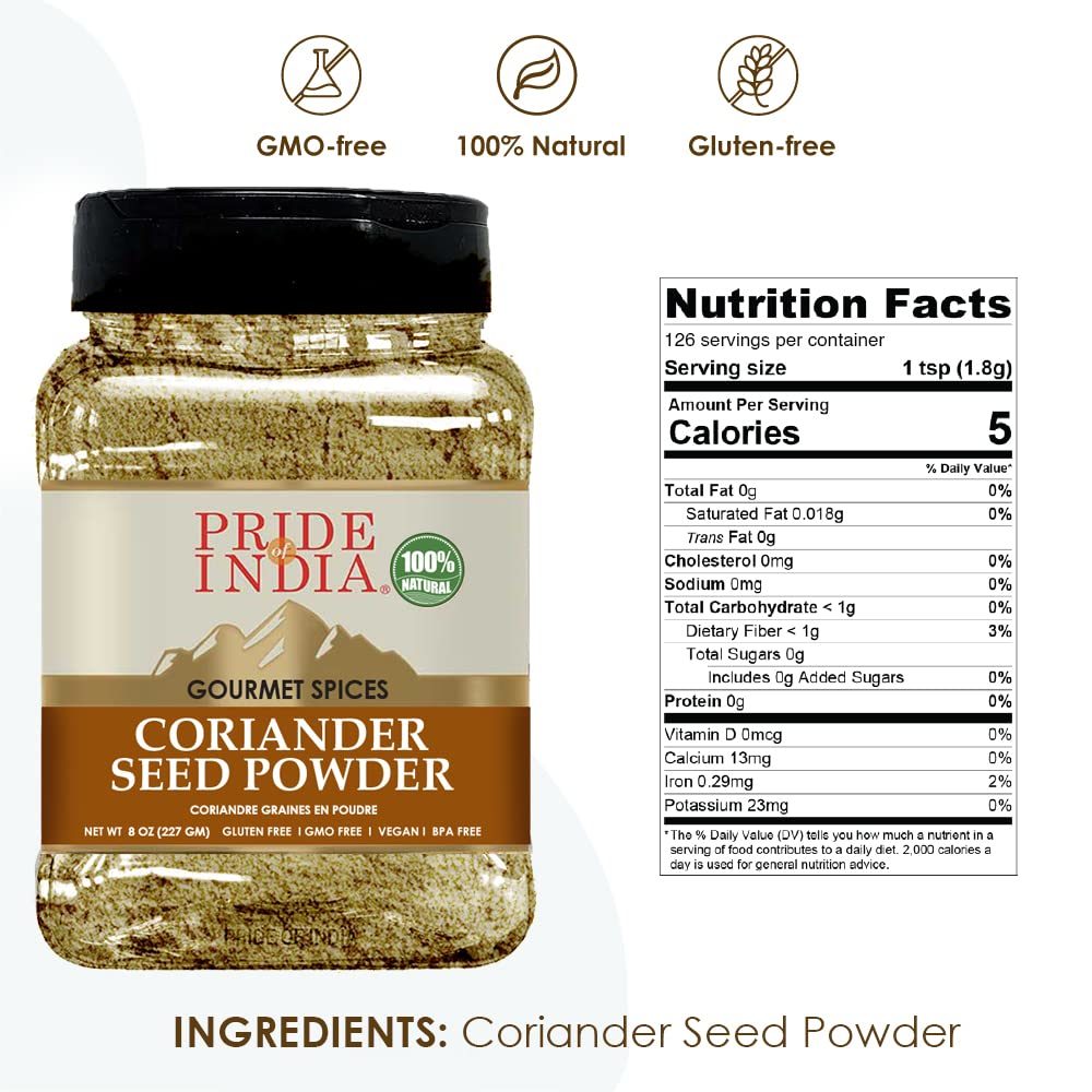 Pride of India – Coriander Seed Ground – Authentic Indian Spice – Freshly Packed Gourmet Spice – Must Ingredient in Indian & Middle Eastern Cuisines – Easy to Store – 8oz. Medium Dual Sifter Jar