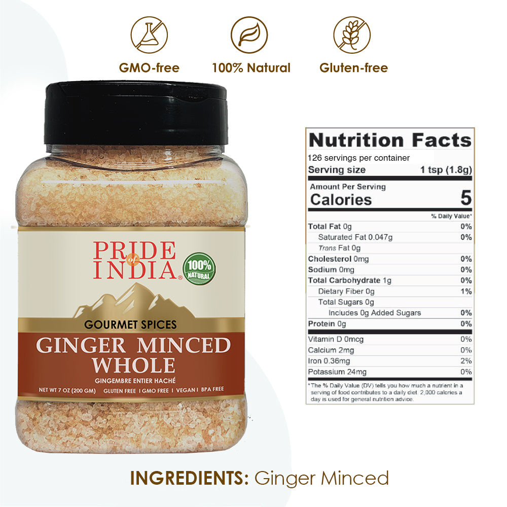 Pride of India – Ginger Minced Whole – Gourmet Spice – Rich in Antioxidant – Potent Flavor - Great for Adding Flavor to Stir Fries & Sauces – Easy to Use – 1.9 oz. Small Dual Sifter Bottle