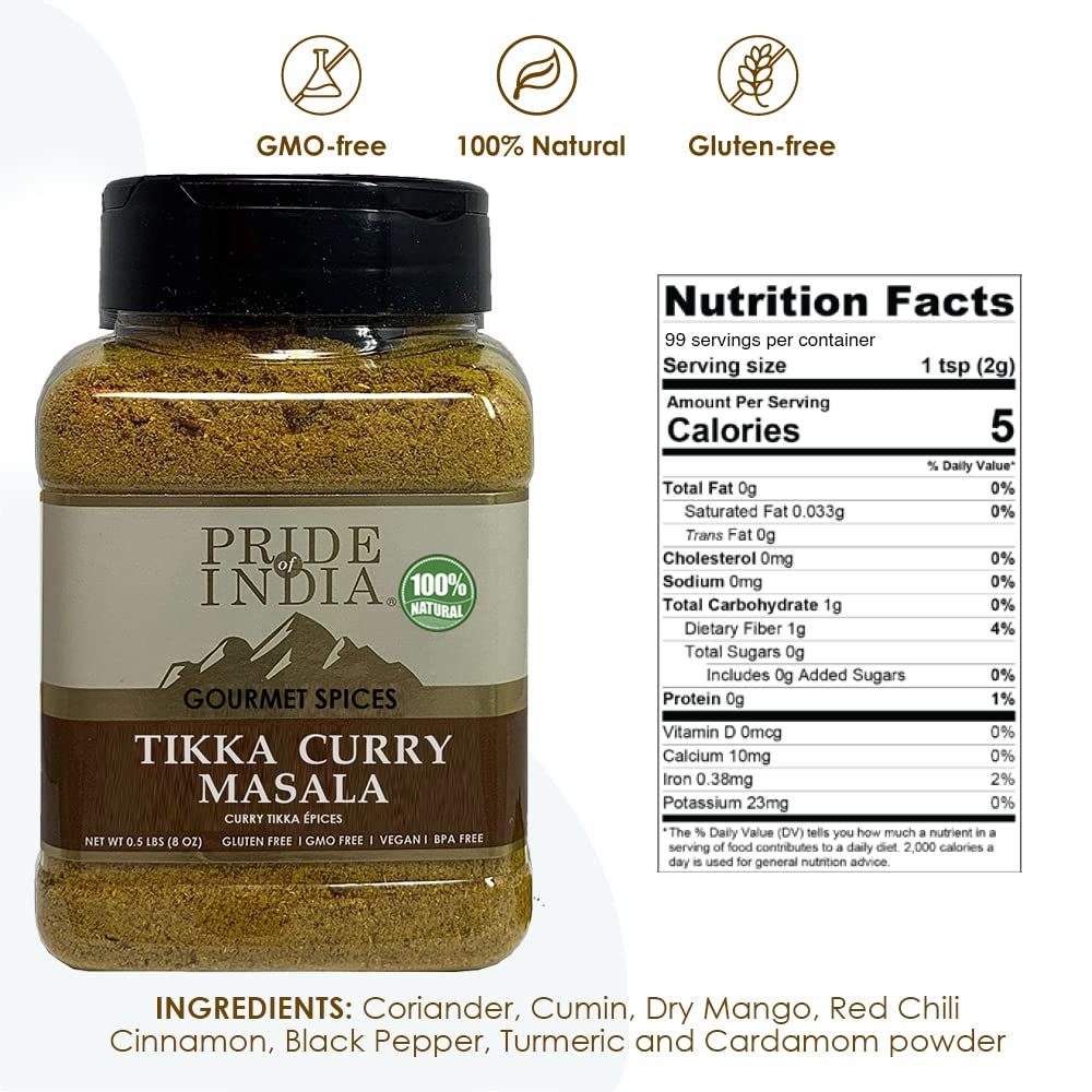 Pride of India – Tikka Curry Masala Seasoning Spice – Gourmet Curry Mix – Ideal for Vegetarian and Meat Dishes – Natural & GMO Free – Easy To Use - 8 oz. Medium Dual Sifter Jar