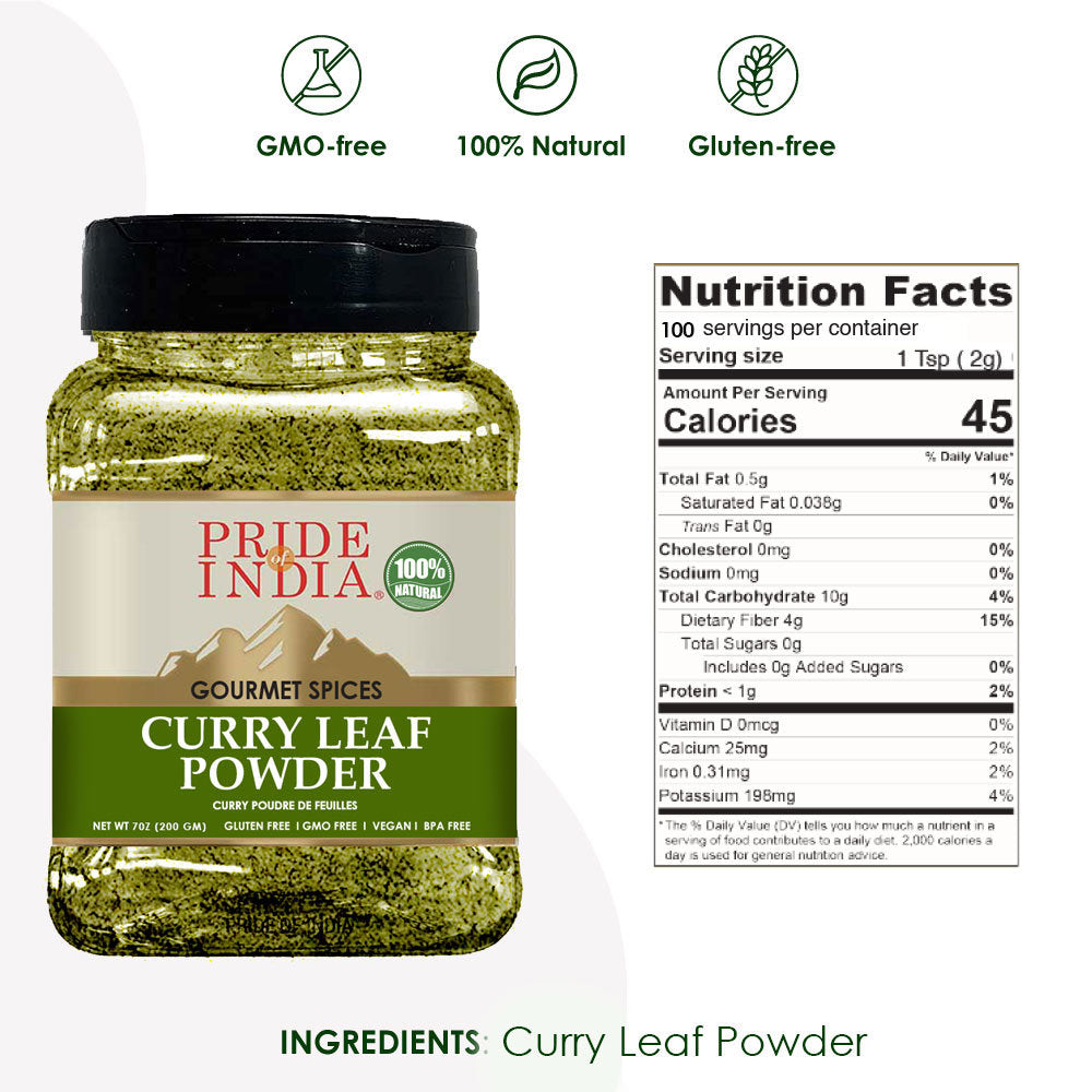 Pride Of India- Natural Curry Leaf Powder Ground - 7 oz (Half Pound) Resealable Pouch - Authentic Indian Spice Blend - Used in Soups, Stews, Chutneys and Rice etc. - Offers Best Value for Money