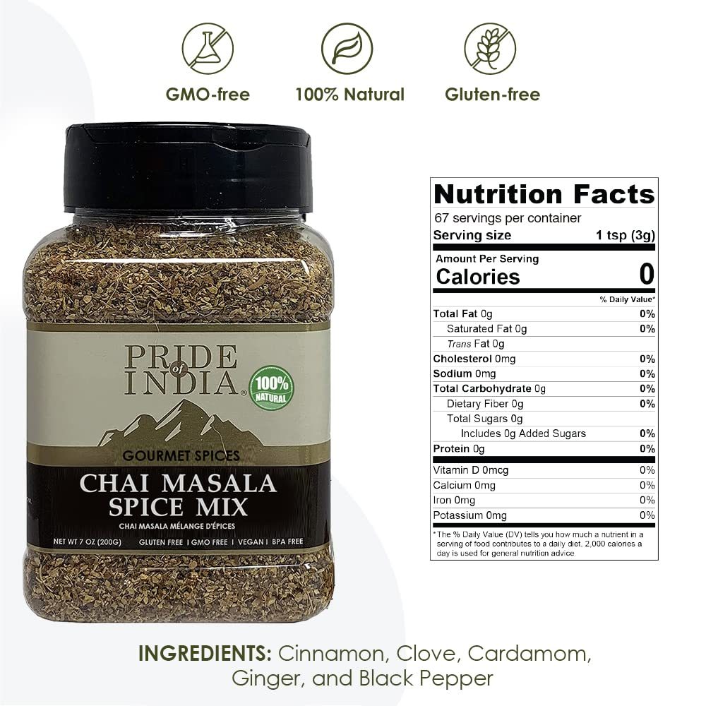 Pride of India – Chai Masala Mulling Spice Mix – Gourmet Spice Mix for Teas & Coffee – Caffeine Free – Authentic Mulling Spice Blend – Vegan & Gluten-Free - Easy to Store – 7oz. Medium Dual Sifter Jar
