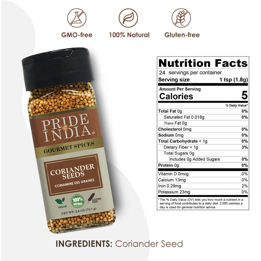 Pride of India – Coriander Seed Whole – Fresh & Gourmet Indian Whole Spice – Good for Curries/Meat/ Chicken – Easy to Use – 1.4 oz. Small Dual Sifter Bottle