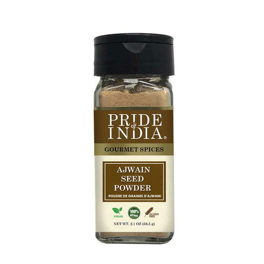 Pride of India – Ajwain Seed Powder – Gourmet Indian Spice – Made from Fresh Carom Seeds – Rich in Nutrients – Aromatic & Flavorful – Easy to Use - 2.1 oz. Small Dual Sifter Bottle