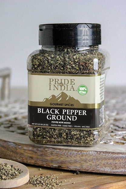 Pride of India – Black Pepper Ground – Ideal for Gourmet Dishes/ Soups/ Stews/ Rubs – Fresh & Preservatives Free – Warming Spice – Easy to Store – 8oz. Medium Dual Sifter Jar