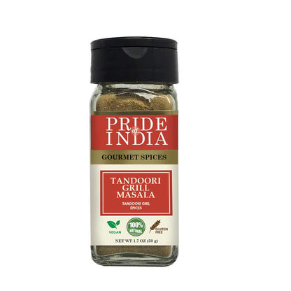 Pride of India – Tandoori Grill Masala – Blend of Exotic & Gourmet Spices – Ideal for Vegetable, Meat & Chicken Cooking – GMO Free – Easy to Use - 1.7 oz. Small Dual Sifter Bottle