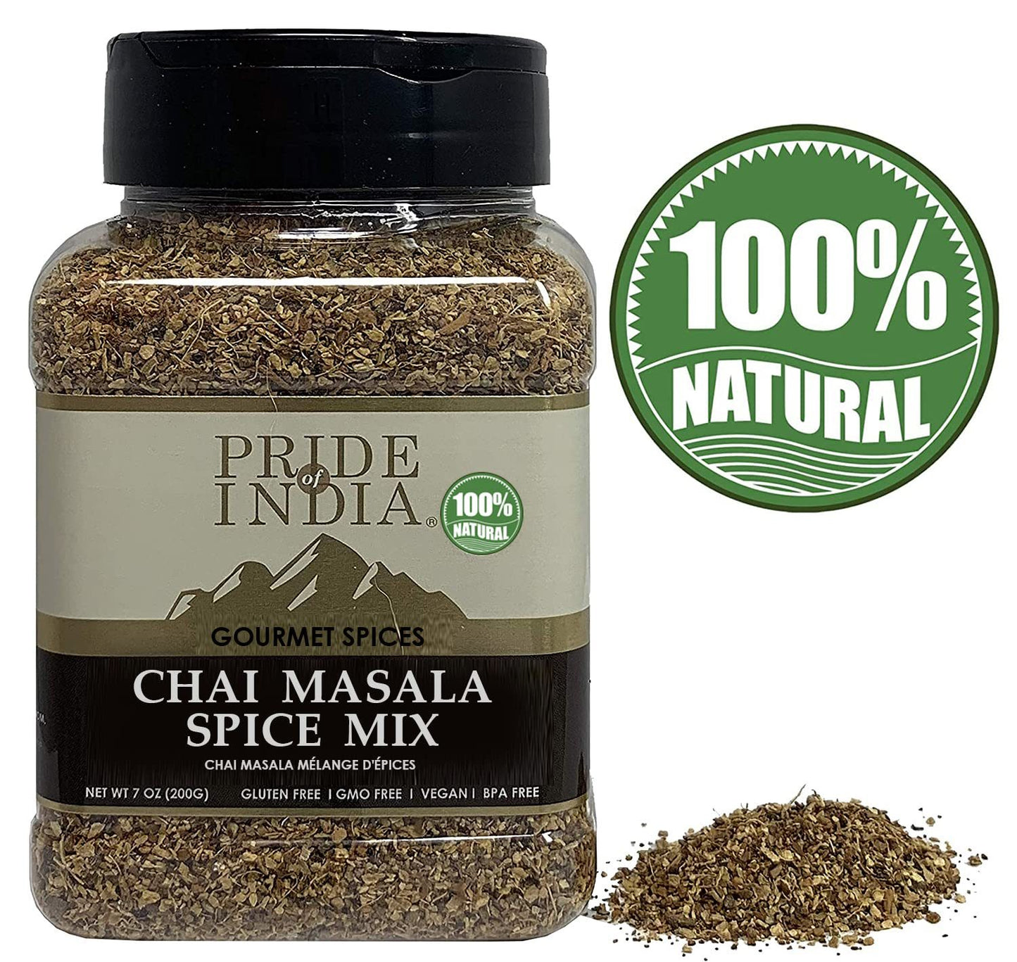 Pride of India – Chai Masala Mulling Spice Mix – Gourmet Spice Mix for Teas & Coffee – Caffeine Free – Authentic Mulling Spice Blend – Vegan & Gluten-Free - Easy to Store – 7oz. Medium Dual Sifter Jar