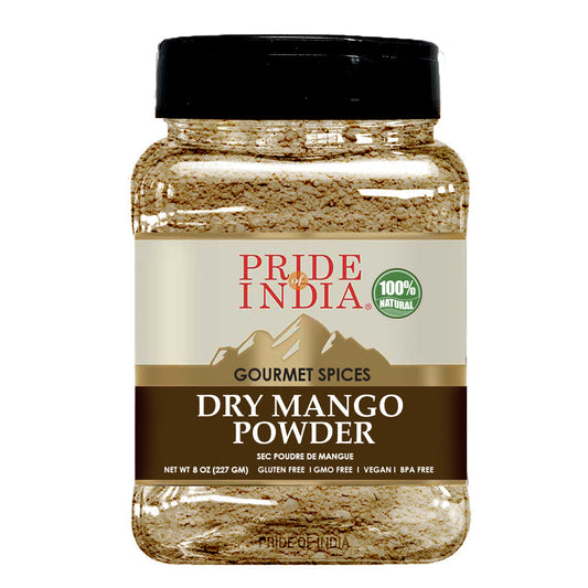 Pride of India – Dry Mango Powder - Amchur for Flavor and Taste – Gourmet Indian Spice - No Fillers or Artificial Colorants - Easy to Store – 8oz. Medium Dual Sifter Jar