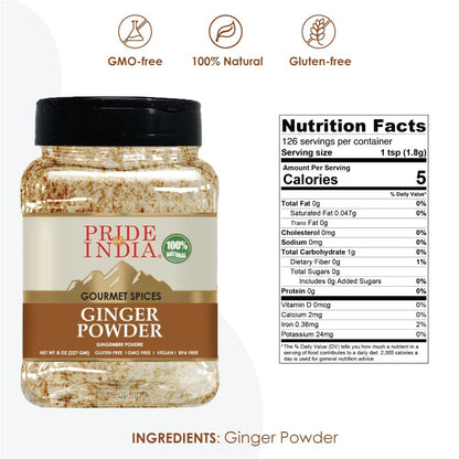 Pride of India – Ginger Fine Ground – Gourmet Spice – Blends Well – Good for Cooking/Baking/Tea & More – No Additives – Fresh Root Powder – Easy to Store – 8oz. Medium Dual Sifter Bottle
