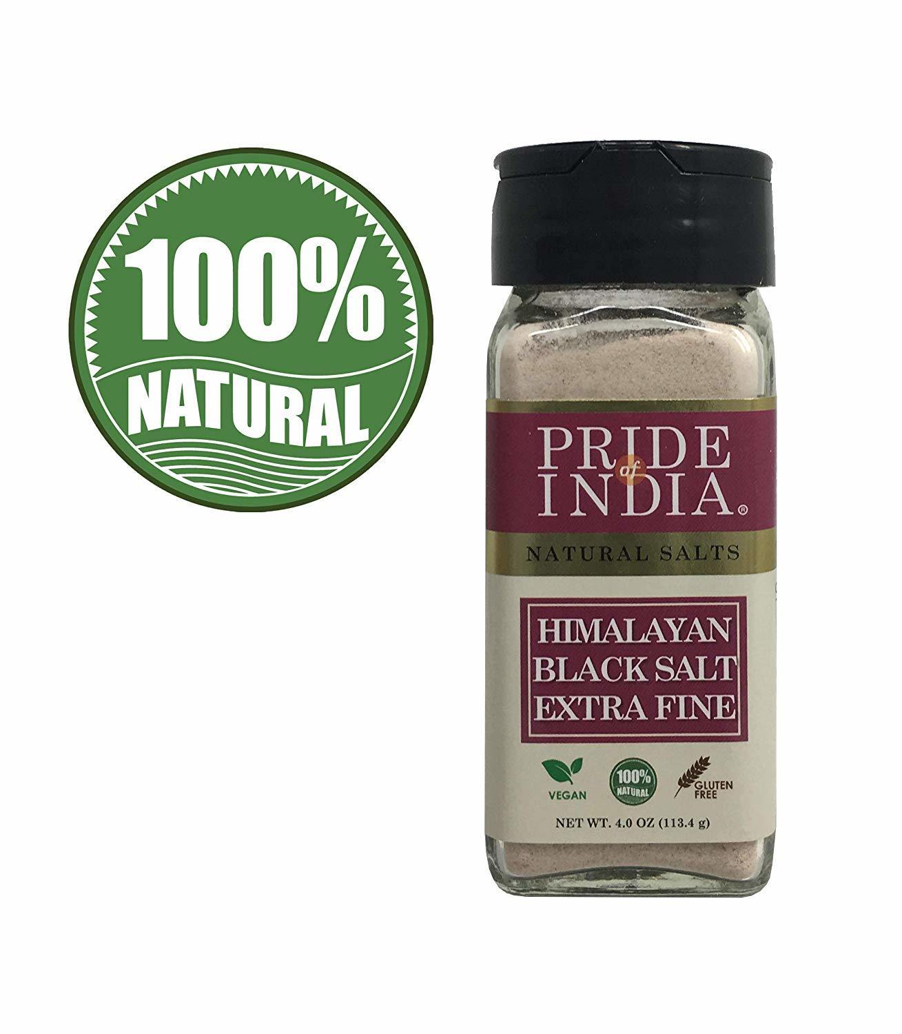 Pride Of India - Himalayan Black Rock Salt - Extra-Fine Grind, 4.0 oz (113.4gm) Dual Sifter Jar - Kala Namak - Contains 84+ Minerals - Perfect for Cooking, Vegan Tofu, Vegan Omlettes