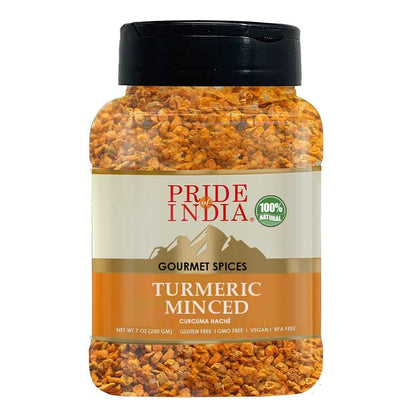 Pride of India – Turmeric Minced Whole – Gourmet Spice – Curcumin Rich/ Anti-inflammatory Properties – No Additives/ Gluten – Easy to Use – 7 oz. Medium Dual Sifter Jar