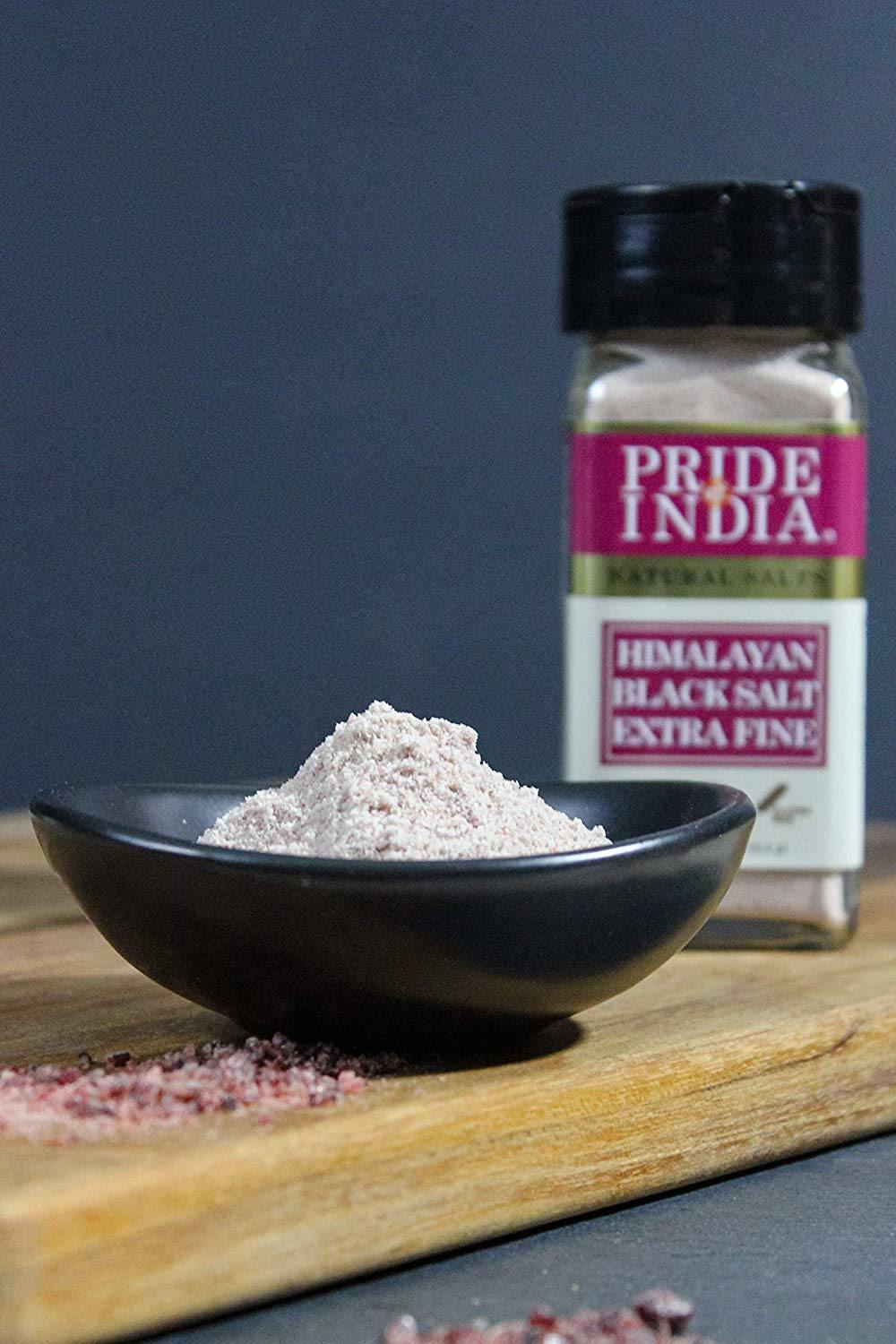 Pride Of India - Himalayan Black Rock Salt - Extra-Fine Grind, 4.0 oz (113.4gm) Dual Sifter Jar - Kala Namak - Contains 84+ Minerals - Perfect for Cooking, Vegan Tofu, Vegan Omlettes