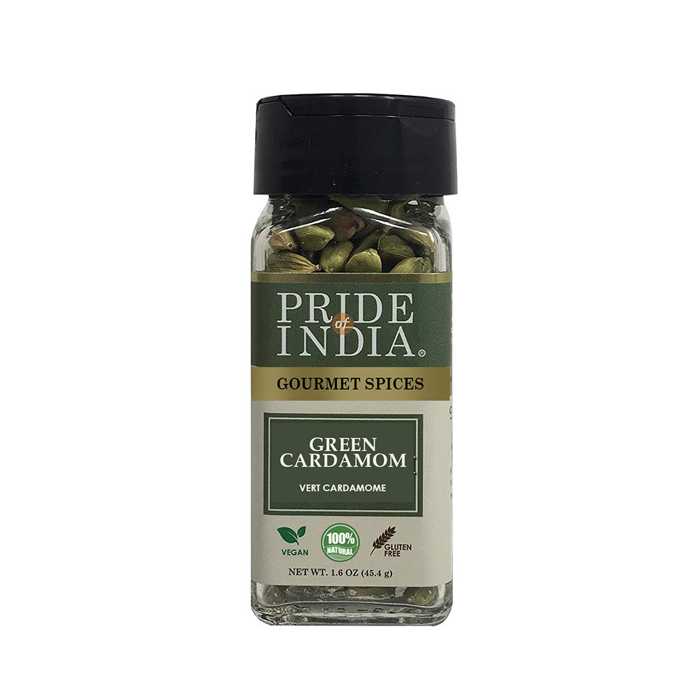 Pride of India – Green Cardamom Whole – Gourmet & Aromatic Spice – Flavoring agent for bakes/teas/drinks & more – Full Bodied Green Pods – 1.6 oz. Small Dual Sifter Bottle