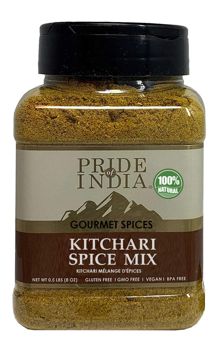 Pride Of India - Natural Indian Kitchari Spice Seasoning - 8oz (227gm) Sifting Jar - Make Perfect Tasting Rice & Lentil Pilaf - No Prep Needed - Blended with 7 Unique Vegan Spices - Mild Curry Flavor