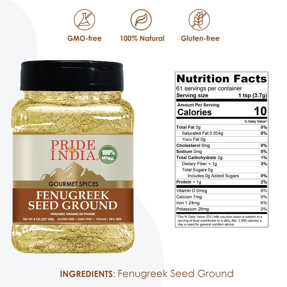 Pride of India – Fenugreek Seed Ground – Gourmet Indian Spice – Vegan, Gluten & GMO-Free – Ideal for Cooking & Meat Seasoning – Easy to Use – 8 oz. Medium Dual Sifter Jar