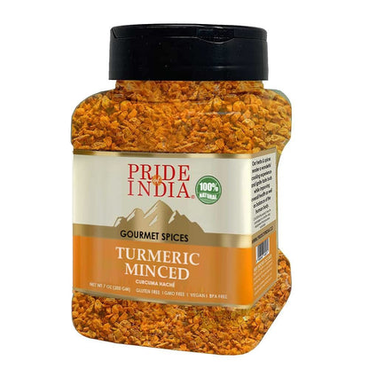 Pride of India – Turmeric Minced Whole – Gourmet Spice – Curcumin Rich/ Anti-inflammatory Properties – No Additives/ Gluten – Easy to Use – 7 oz. Medium Dual Sifter Jar