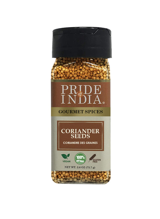 Pride of India – Coriander Seed Whole – Fresh & Gourmet Indian Whole Spice – Good for Curries/Meat/ Chicken – Easy to Use – 1.4 oz. Small Dual Sifter Bottle