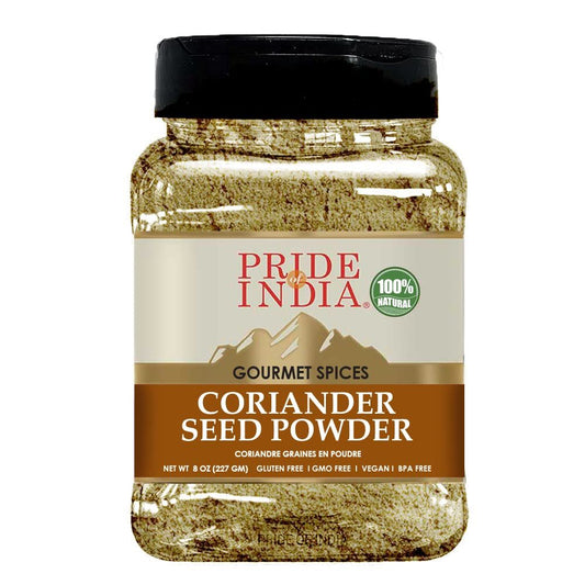 Pride of India – Coriander Seed Ground – Authentic Indian Spice – Freshly Packed Gourmet Spice – Must Ingredient in Indian & Middle Eastern Cuisines – Easy to Store – 8oz. Medium Dual Sifter Jar
