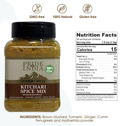 Pride Of India - Natural Indian Kitchari Spice Seasoning - 8oz (227gm) Sifting Jar - Make Perfect Tasting Rice & Lentil Pilaf - No Prep Needed - Blended with 7 Unique Vegan Spices - Mild Curry Flavor