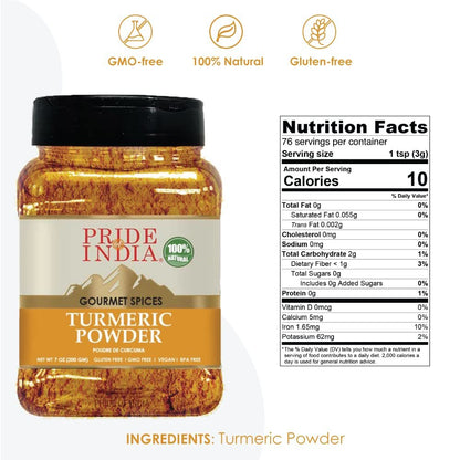 Pride of India – Natural Turmeric Ground – Traditional Indian Spice – Pantry Essential – Curcumin Rich and Gourmet – Ideal for Curries/Lentil/Meat/Pilaf – Easy to Use – 8oz. Medium Dual Sifter Jar