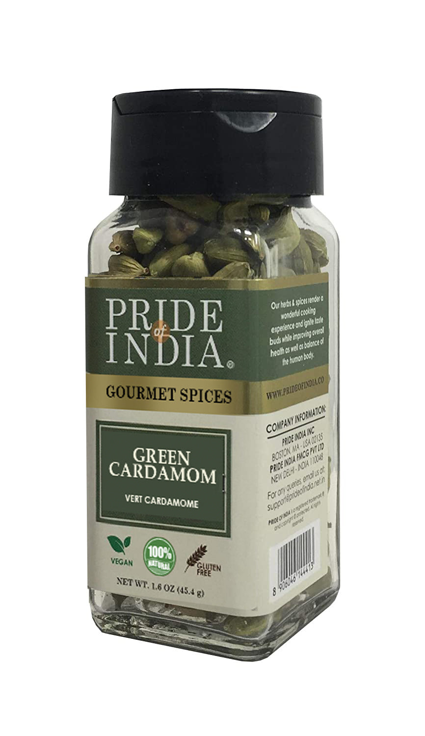 Pride of India – Green Cardamom Whole – Gourmet & Aromatic Spice – Flavoring agent for bakes/teas/drinks & more – Full Bodied Green Pods – 1.6 oz. Small Dual Sifter Bottle