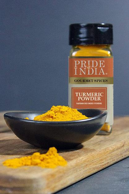 Pride of India – Natural Turmeric Ground – Traditional Indian Spice – Pantry Essential – Curcumin Rich and Gourmet – Ideal for Curries/Lentil/Meat/Pilaf – Easy to Use – 2.6 oz. Small Dual Sifter Jar