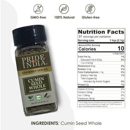 Pride of India – Cumin Seed Whole – Gourmet Indian Spice – Excellent for Culinary Uses – Fresh and Quality Seeds – Adds Flavor & Aroma – Easy to Use – 2 oz. Small Dual Sifter Bottle