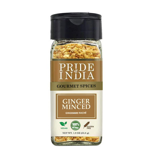 Pride of India – Ginger Minced Whole – Gourmet Spice – Rich in Antioxidant – Potent Flavor - Great for Adding Flavor to Stir Fries & Sauces – Easy to Use – 1.9 oz. Small Dual Sifter Bottle