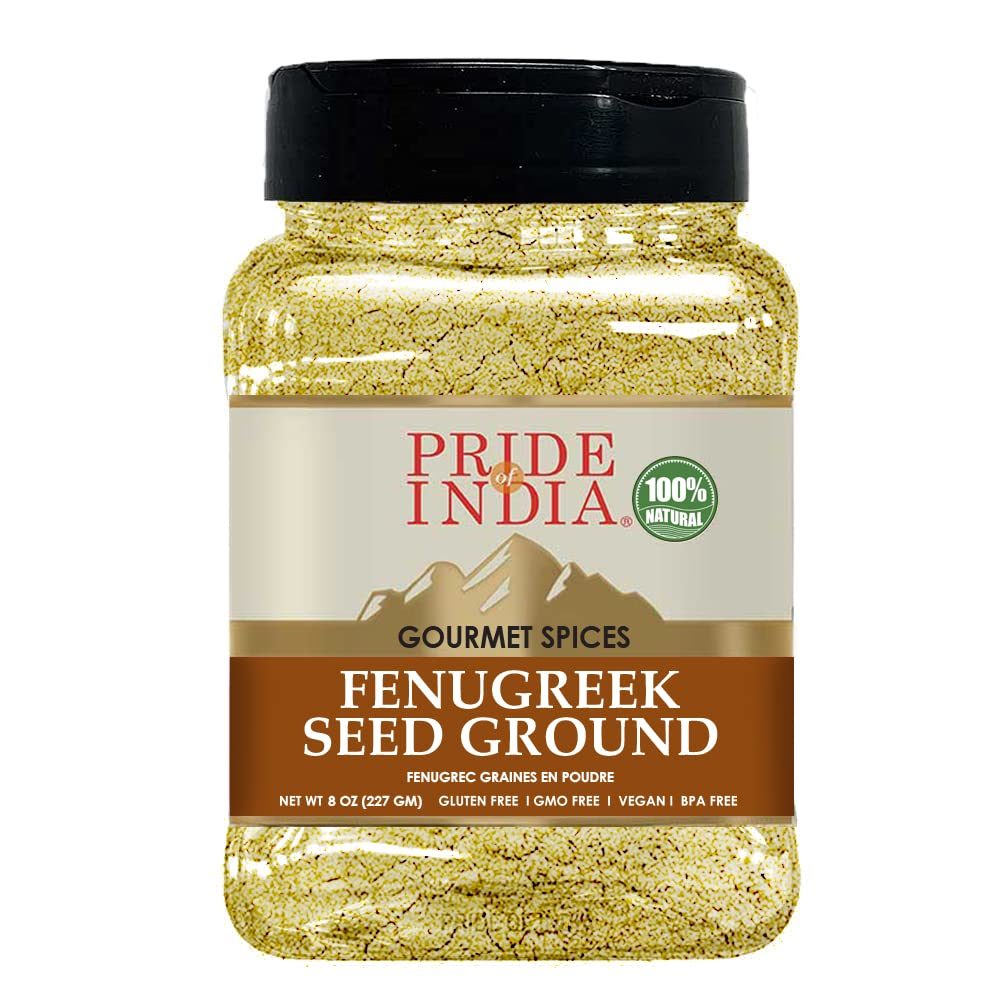 Pride of India – Fenugreek Seed Ground – Gourmet Indian Spice – Vegan, Gluten & GMO-Free – Ideal for Cooking & Meat Seasoning – Easy to Use – 8 oz. Medium Dual Sifter Jar