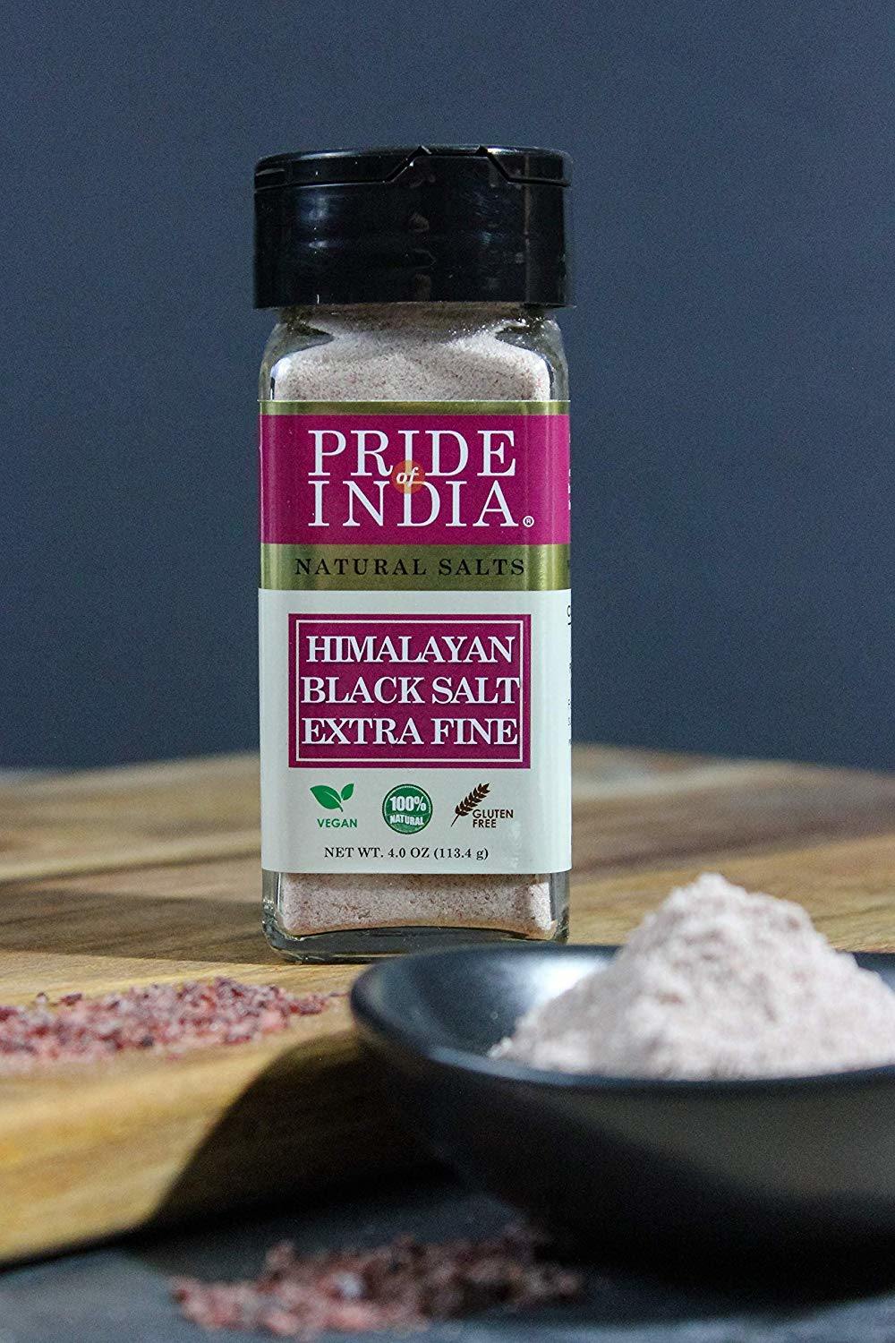 Pride Of India - Himalayan Black Rock Salt - Extra-Fine Grind, 4.0 oz (113.4gm) Dual Sifter Jar - Kala Namak - Contains 84+ Minerals - Perfect for Cooking, Vegan Tofu, Vegan Omlettes