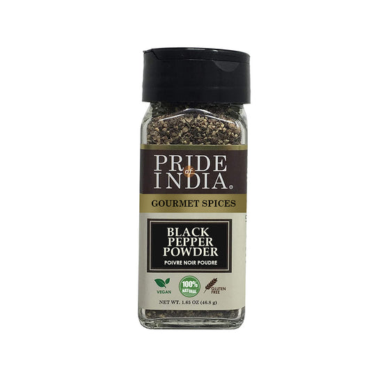 Pride of India – Black Pepper Ground – Ideal for Gourmet Dishes/ Soups/ Stews/ Rubs – Fresh & Preservatives Free – Warming Spice – Easy to Use – 1.65 oz. Small Dual Sifter Jar