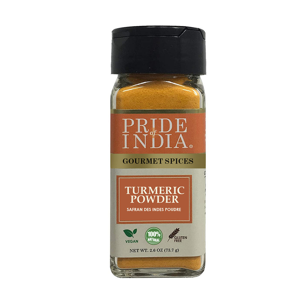 Pride of India – Natural Turmeric Ground – Traditional Indian Spice – Pantry Essential – Curcumin Rich and Gourmet – Ideal for Curries/Lentil/Meat/Pilaf – Easy to Use – 2.6 oz. Small Dual Sifter Jar