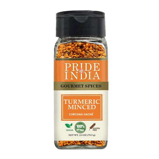 Pride of India – Turmeric Minced Whole – Gourmet Spice – Curcumin Rich/ Anti-inflammatory Properties – No Additives/ Gluten – Easy to Use – 2.8 oz. Small Dual Sifter Jar