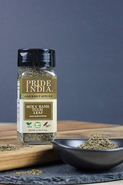 Pride Of India- Natural Sweet Holy Basil Leaf, 0.4oz (11.3gms) Dual Sifter Jar, Pure Indian Tulsi Leaf (Ocimum Sanctum) Offers Best Value